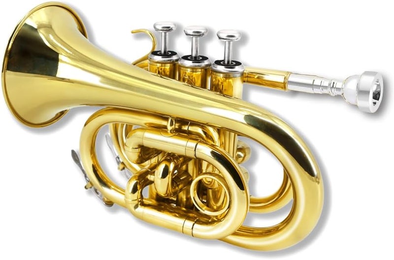 YoungMonic Pocket Trumpet Bb Flat Brass Trumpet for Beginner Student with 7C Mouthpiece Carrying Hard Case Cleaning Cloth Gloves - Image 4